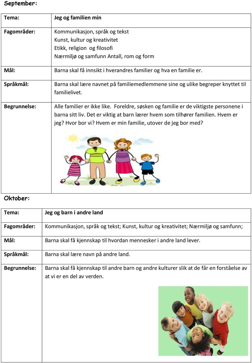 Foreldre, søsken og familie er de viktigste personene i barna sitt liv. Det er viktig at barn lærer hvem som tilhører familien. Hvem er jeg? Hvor bor vi? Hvem er min familie, utover de jeg bor med?