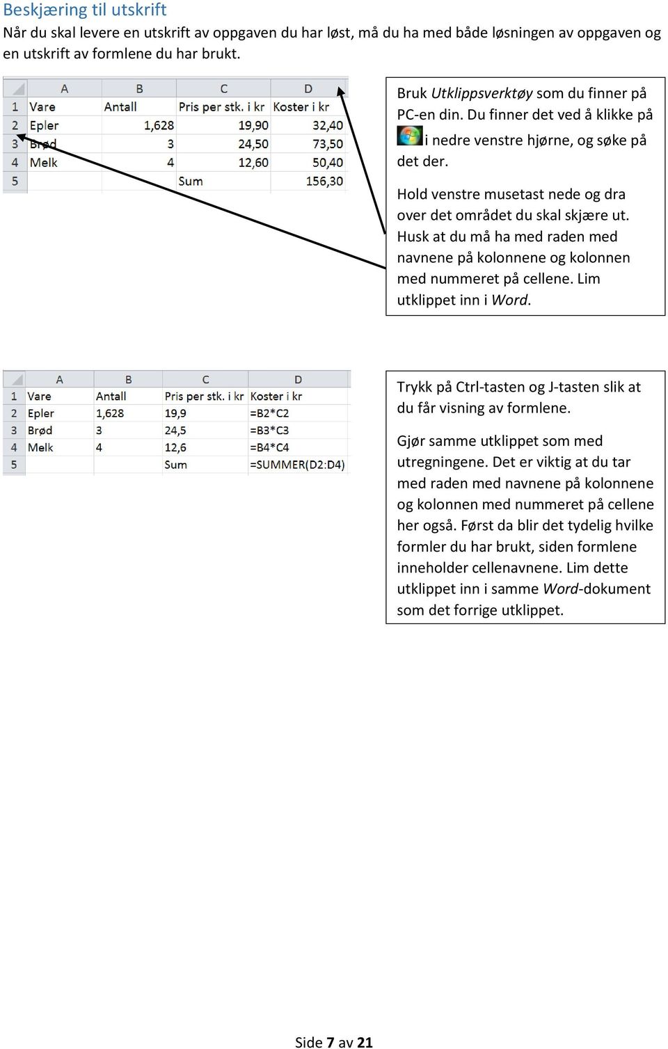 Husk at du må ha med raden med navnene på kolonnene og kolonnen med nummeret på cellene. Lim utklippet inn i Word. Trykk på Ctrl-tasten og J-tasten slik at du får visning av formlene.