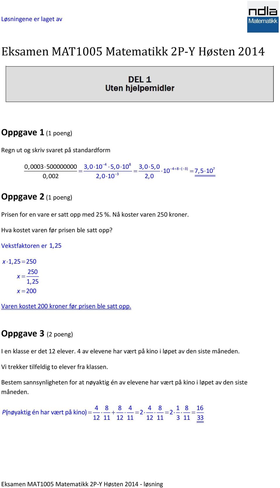 Eksamen MAT1005 Matematikk 2P-Y Høsten PDF Gratis nedlasting