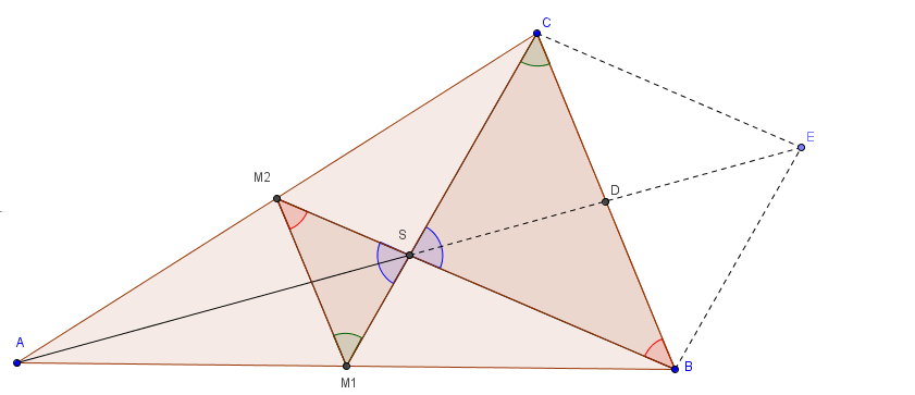 Vi ser nå på trekantene ASM 1 og AEB. Siden M 1 er midtpunktet på AB er Siden S er midtpunktet på AE er AM 1 AB = 1 2 AS AE = 1 2 Vi har også at SAM 1 = EAB.