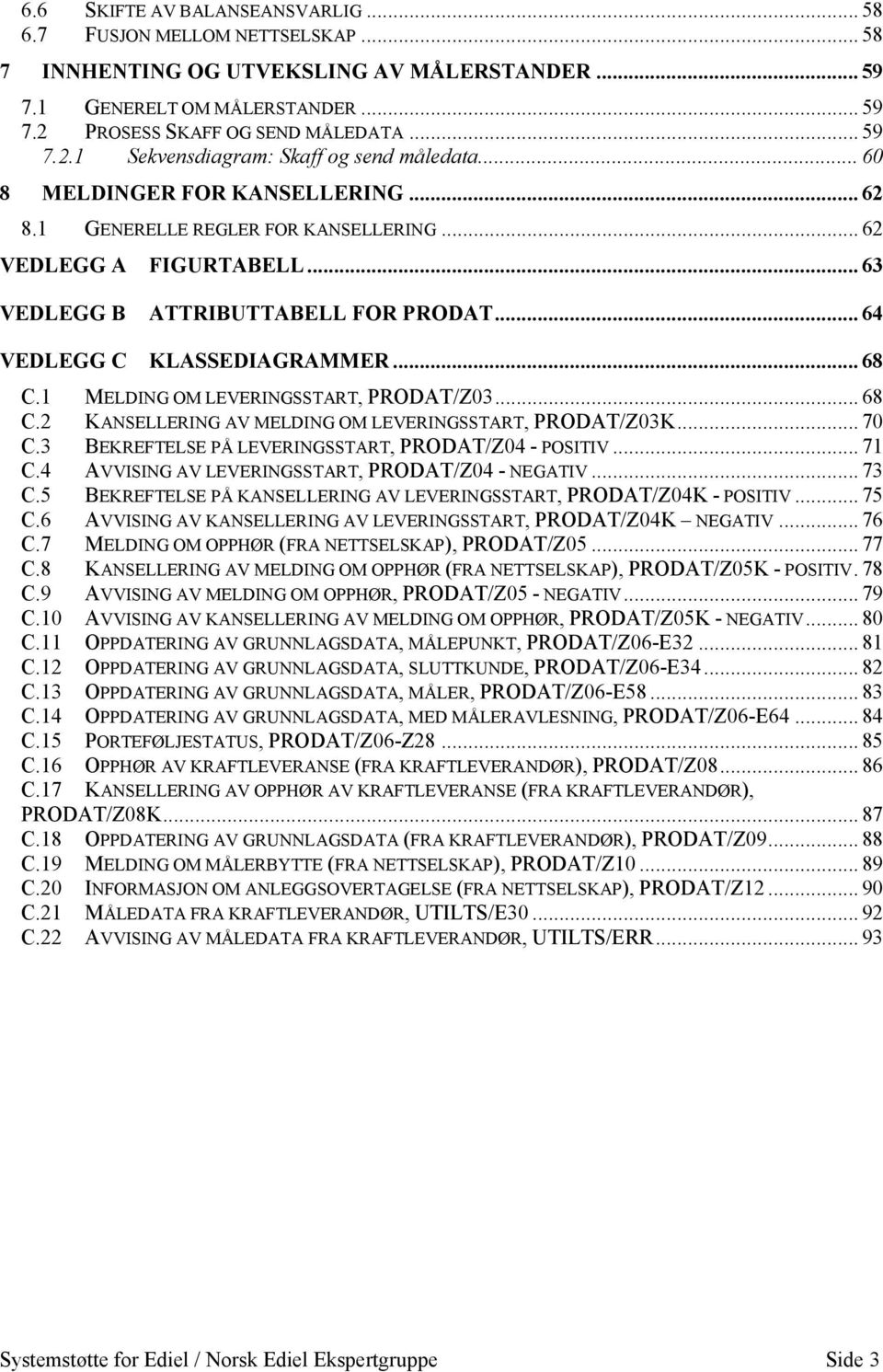 .. 63 VEDLEGG B ATTRIBUTTABELL FOR PRODAT... 64 VEDLEGG C KLASSEDIAGRAMMER... 68 C.1 MELDING OM LEVERINGSSTART, PRODAT/Z03... 68 C.2 KANSELLERING AV MELDING OM LEVERINGSSTART, PRODAT/Z03K... 70 C.