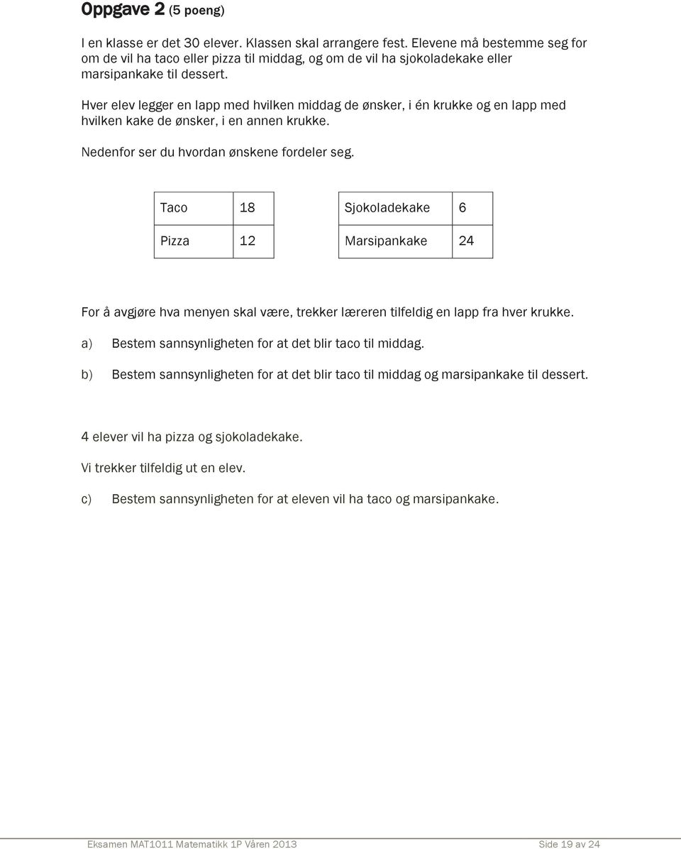 Hver elev legger en lapp med hvilken middag de ønsker, i én krukke og en lapp med hvilken kake de ønsker, i en annen krukke. Nedenfor ser du hvordan ønskene fordeler seg.