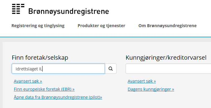 2. Innsender Når du skal bruke dette skjemaet, må du bruke organisasjonens juridiske nummer som innsender. Du finner dette i Brønnøysundregistrene. http://brreg.