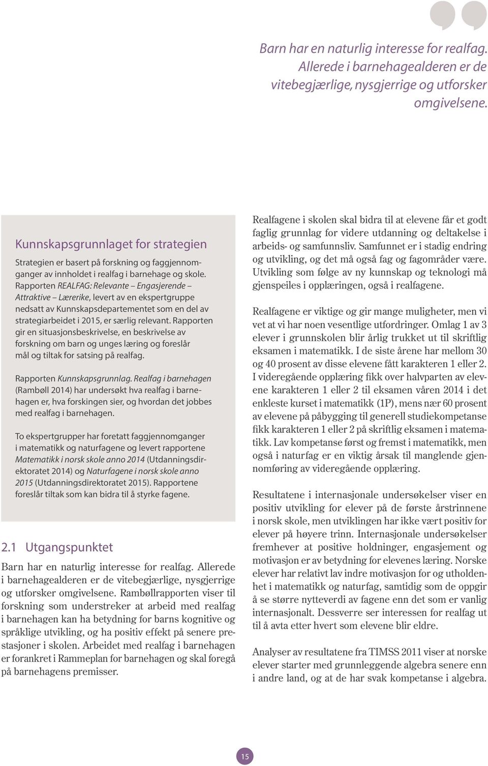 Rapporten REALFAG: Relevante Engasjerende Attraktive Lærerike, levert av en ekspertgruppe nedsatt av Kunnskapsdepartementet som en del av strategiarbeidet i 2015, er særlig relevant.