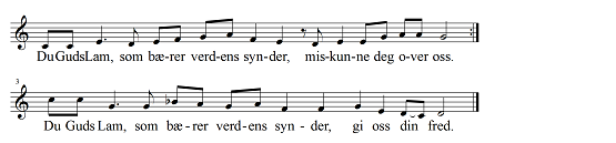 Du Guds Lam GNUS DEI llmenn serie, musikk Trond H. F. Kverno 1977 L Kom, for alt er gjort ferdig Utdeling Nattverdgjestene går fram til alterringen der de kneler og mottar brød og vin som deles ut.