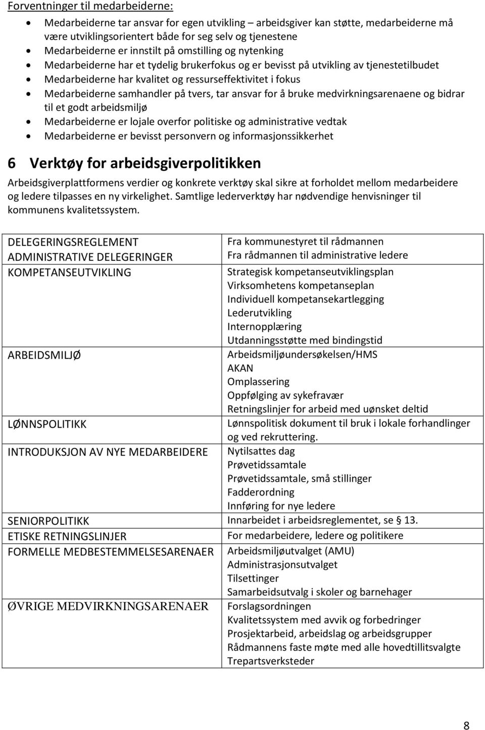 samhandler på tvers, tar ansvar for å bruke medvirkningsarenaene og bidrar til et godt arbeidsmiljø Medarbeiderne er lojale overfor politiske og administrative vedtak Medarbeiderne er bevisst