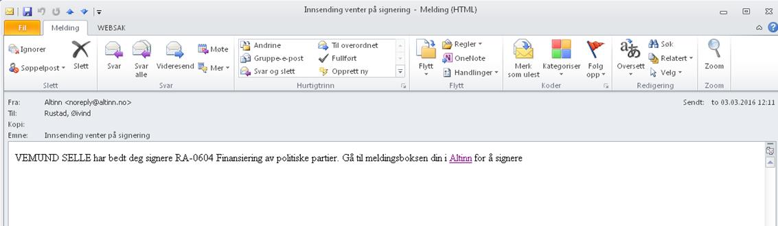 SSB, Partifinansiering rapport for 2015, 04.04.2016, s. 10 Signatur nr. 2 VIKTIG: Alt som etter dette skal gjerast for å fullføre signering og innsending, blir gjort ved å logge på direkte i altinn.