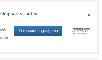 SSB, Partifinansiering rapport for 2015, 04.04.2016, s. 2 Innlogga: SELLE VEMUND Merk deg Vemund Selle parti-id og passord Vel: Til rapporteringsskjema Dermed kjem du automatisk inn i Altinn.