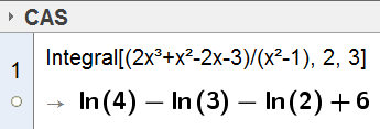 Bestemt integral. Oppgave 7.42 b Åpne GeoGebra 4.2 Skriv i et CAS-felt: Integral[4x*(x 2 + 1)*e^(x^2 + 1), 0, 1]. b) 1 0 2 2 x 1 2 4 x( x 1) e dx 2e Bestemt integral. Oppgave 7.43 Åpne GeoGebra 4.2. Skriv i et CAS-felt: Integral[2500-1500*sin(π*x/6-2π/3), 0, 12].