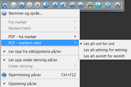 Les opp i pdf-dokumenter CD-ORD kan også lese opp med markering i pdf-dokumenter. Menyene PDF - markør og PDF - markert tekst er aktive når du har åpnet et pdf-dokument.