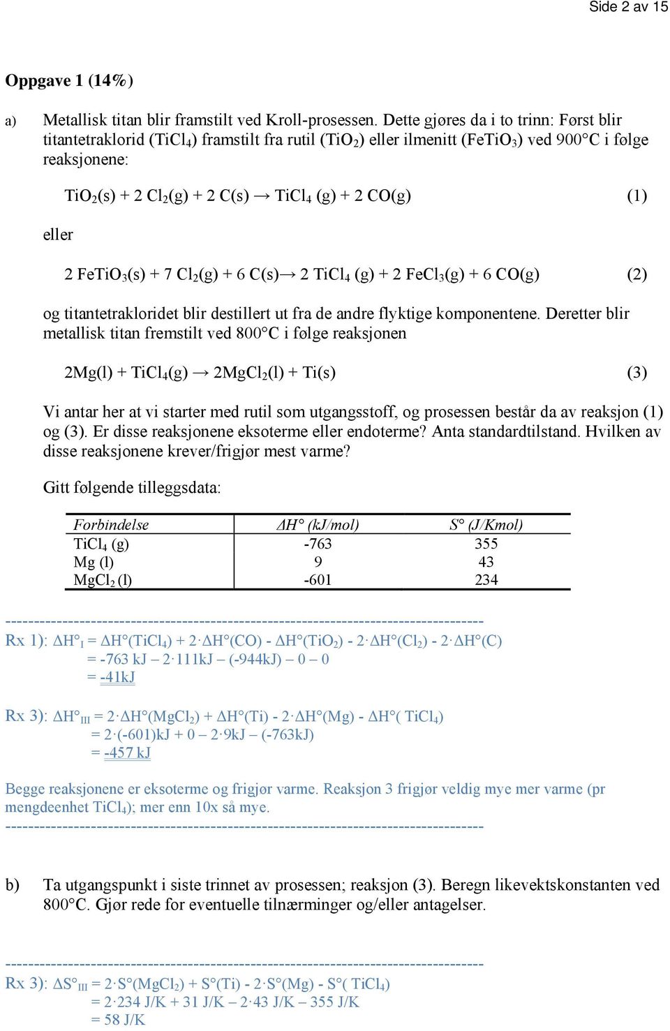 (1) FeTiO 3 (s) + 7 Cl (g) + 6 C(s) TiCl 4 (g) + FeCl 3 (g) + 6 CO(g) () og titantetrakloridet blir destillert ut fra de andre flyktige komponentene.