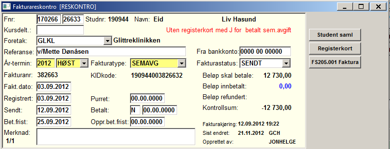 Slette frafall Trykk på knappen Slett Frafall i fakturareskontrobildet og boksen Sletting av frafall kommer opp. 1. Trykk på knappen Yes 2.