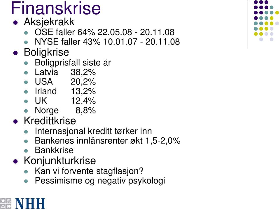 08 Boligkrise Boligprisfall siste år Latvia 38,2% USA 20,2% Irland 13,2% UK 12.