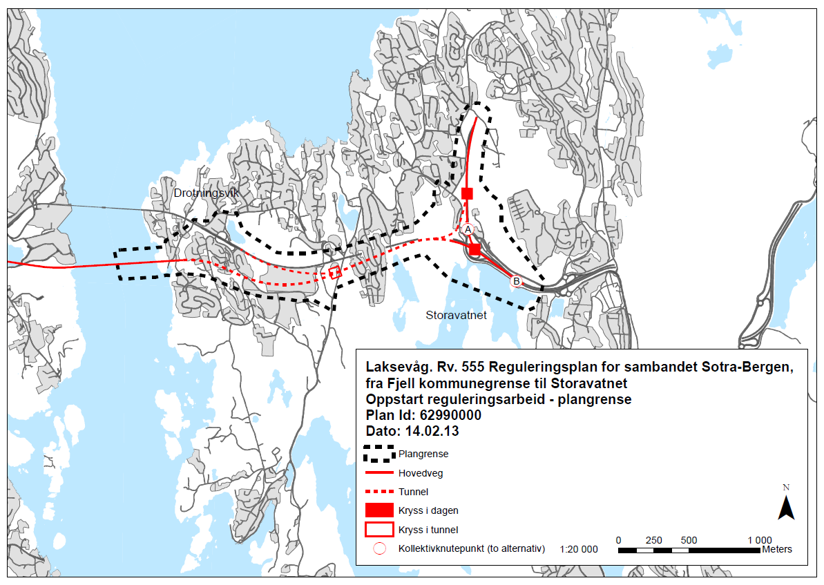 Avgrensning av planområdet ved oppstart er stiplet. Planområdet i reguleringsforslaget ventes redusert når detaljerte løsninger utformes i reguleringsplanen.