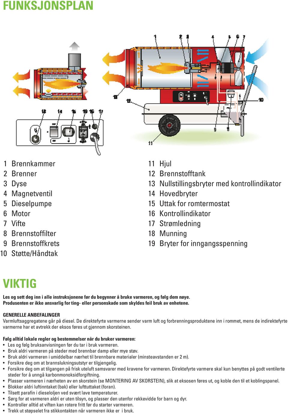 begynner å bruke varmeren, og følg dem nøye. Produsenten er ikke ansvarlig for ting- eller personskade som skyldes feil bruk av enhetene. GENERELLE ANBEFALINGER Varmluftsaggregatene går på diesel.