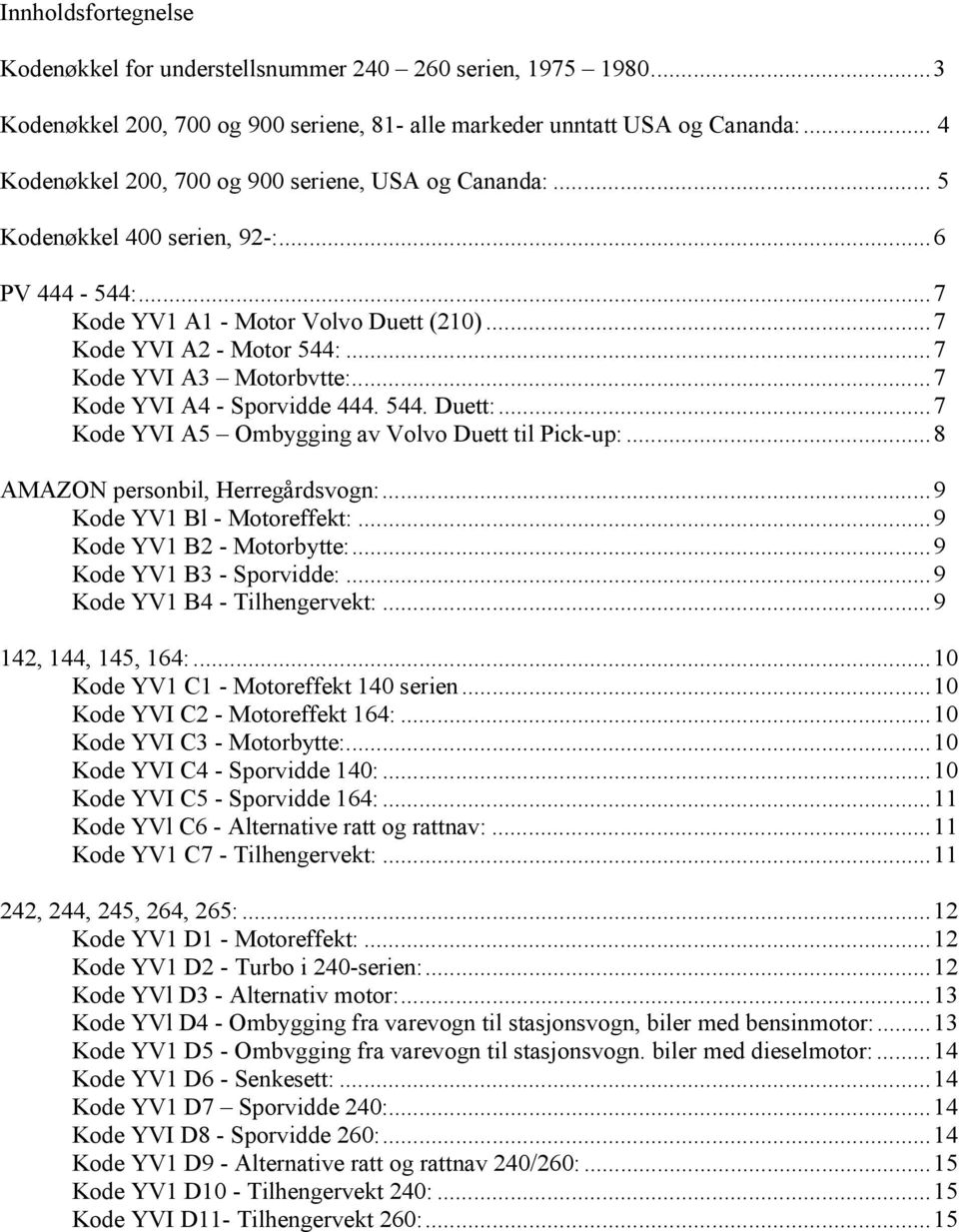 ..7 Kode YVI A3 Motorbvtte:...7 Kode YVI A4 - Sporvidde 444. 544. Duett:...7 Kode YVI A5 Ombygging av Volvo Duett til Pick-up:...8 AMAZON personbil, Herregårdsvogn:...9 Kode YV1 Bl - Motoreffekt:.