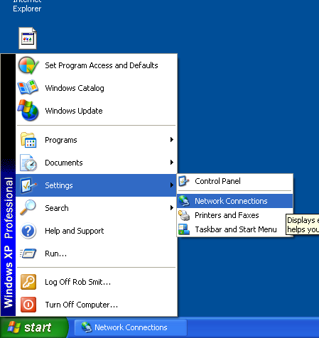 Tillegg A: Kontrollere nettverksinnstillingene Windows XP Windows XP Dine nettverksinnstillinger for automatisk tilordning av TCP/IP-adresse: a. Klikk på Start. b. Velg Innstillinger. c.