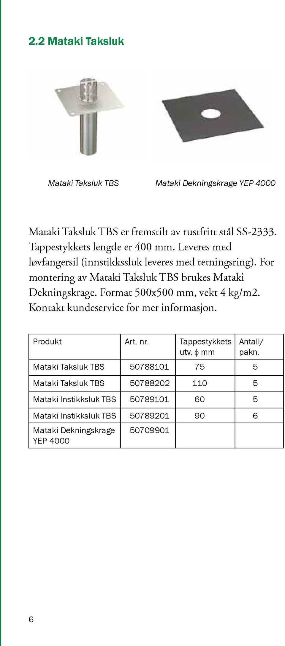 For montering av Mataki Taksluk TBS brukes Mataki Dekningskrage. Format 500x500 mm, vekt 4 kg/m2. Kontakt kundeservice for mer informasjon.