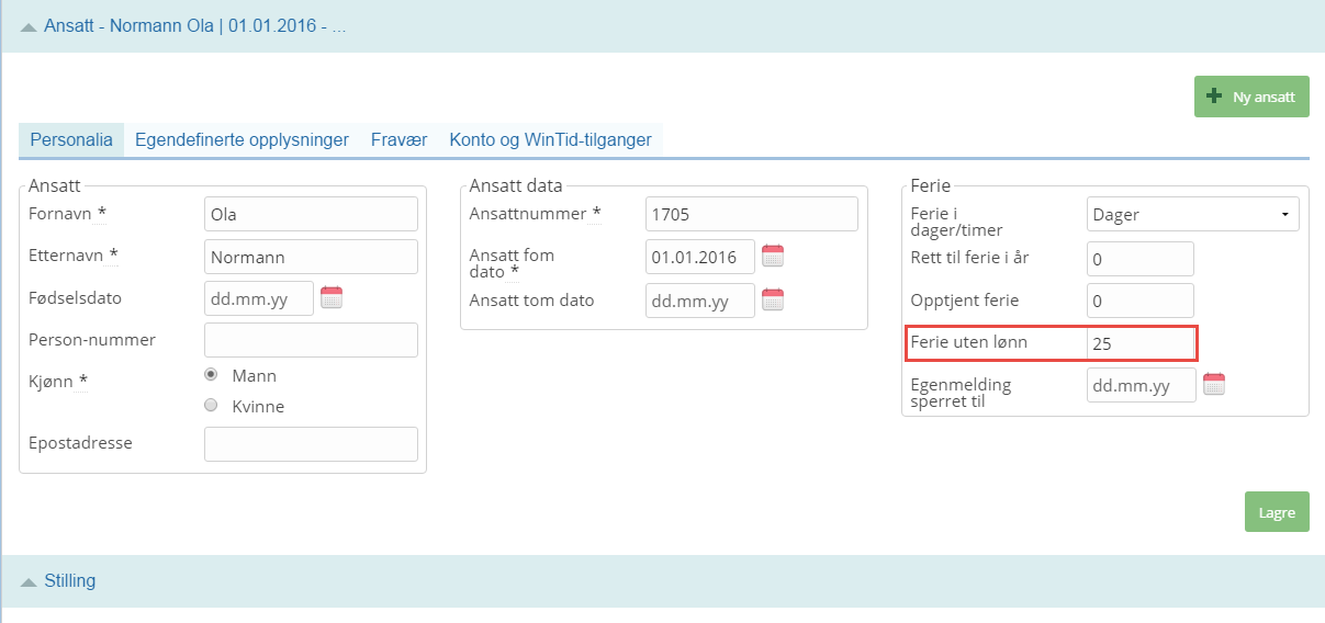 2. Ferie uten lønn Det er nå mulig å definere hvor mange dager ferie uten lønn en ansatt kan ta ut i løpet av et år. Antall tilgjengelige dager ferie uten lønn legges inn i personalia.