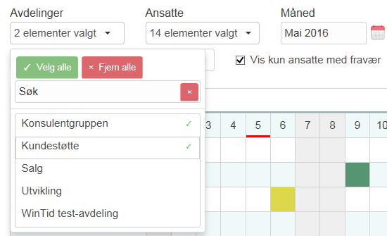 For å få tilgang til denne siden må man ha tilgang til Personell Fraværsoversikt i Menykonfigurasjon. Dette gis i Systeminnstillinger Meny-konfigurering.