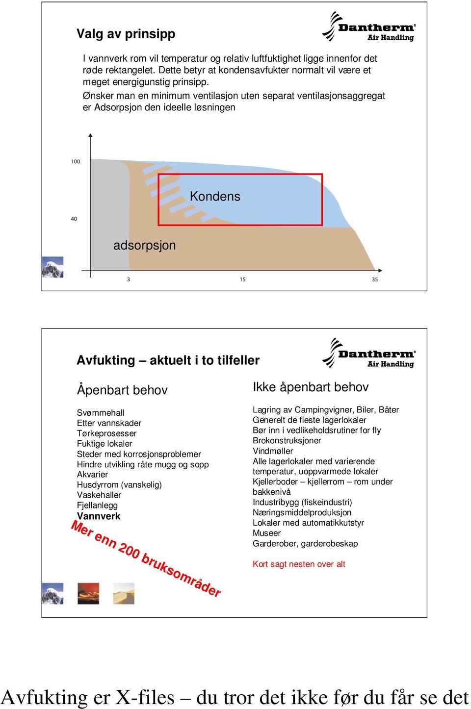 Tørkeprosesser Fuktige lokaler Steder med korrosjonsproblemer Hindre utvikling råte mugg og sopp Akvarier Husdyrrom (vanskelig) Vaskehaller Fjellanlegg Vannverk Ikke åpenbart behov Lagring av