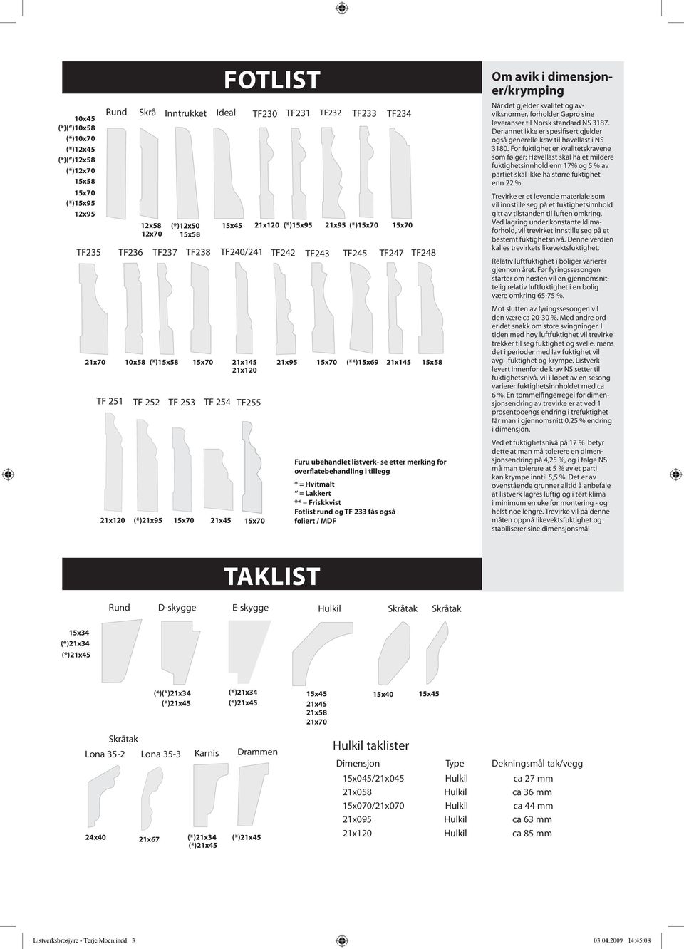 tillegg * = Hvitmalt = Lakkert ** = Friskkvist Fotlist rund og TF 233 fås også foliert / MDF Om avik i dimensjoner/krymping Når det gjelder kvalitet og avviksnormer, forholder Gapro sine leveranser