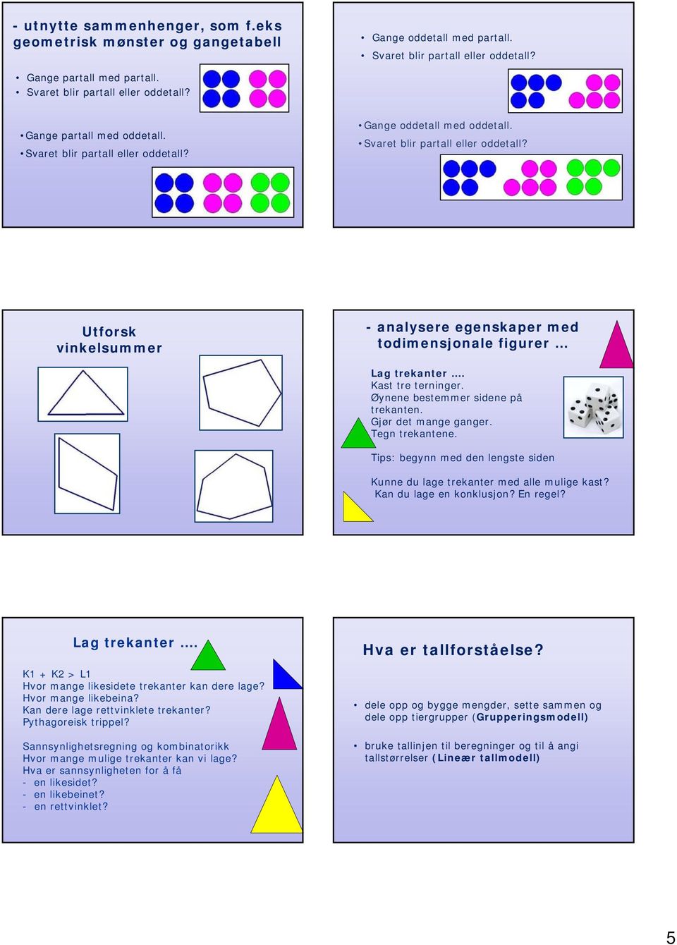 Kast tre terninger. Øynene bestemmer sidene på trekanten. Gjør det mange ganger. Tegn trekantene. Tips: begynn med den lengste siden Kunne du lage trekanter med alle mulige kast?