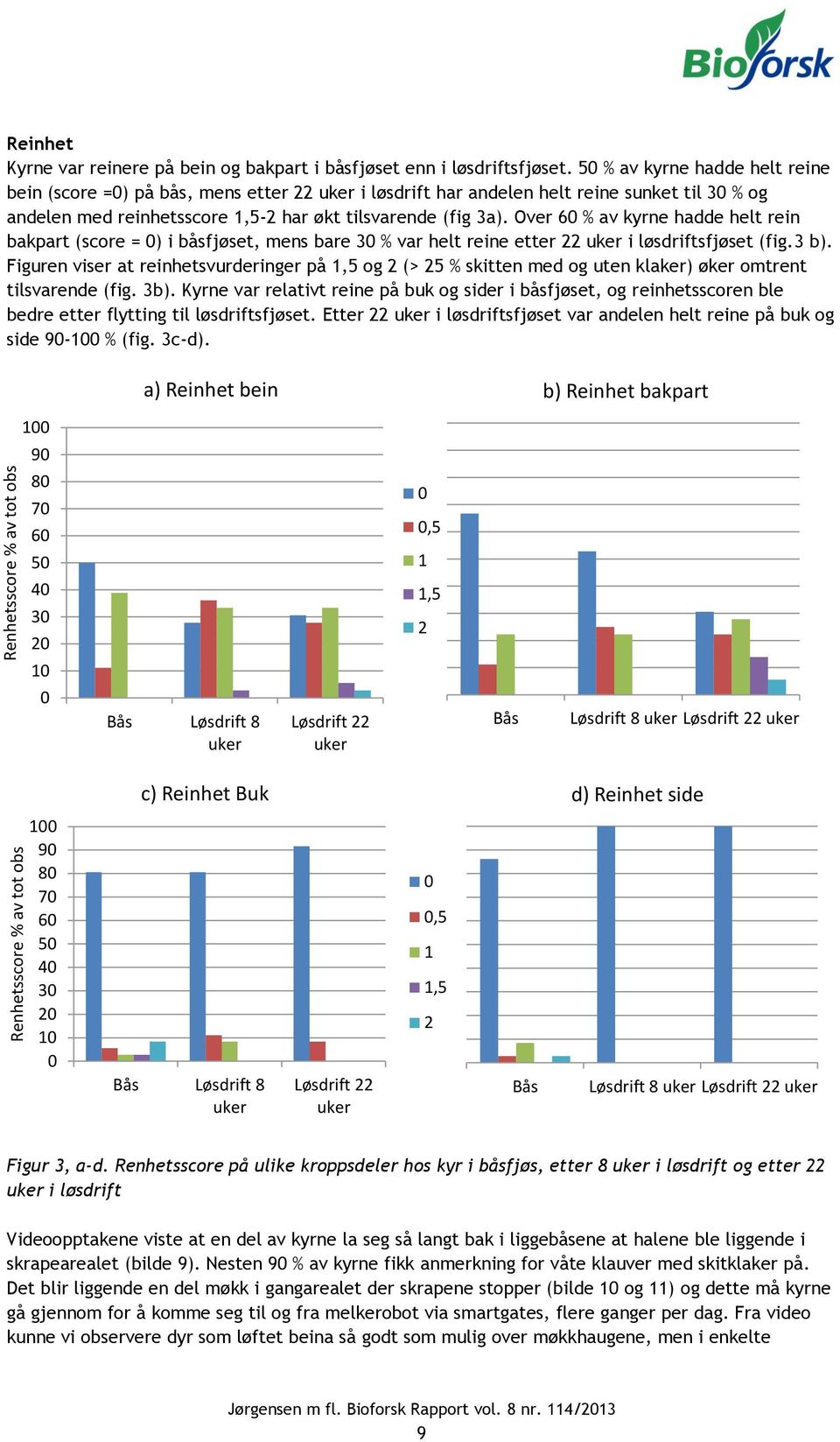 Over 60 % av kyrne hadde helt rein bakpart (score = 0) i båsfjøset, mens bare 30 % var helt reine etter 22 uker i løsdriftsfjøset (fig.3 b).