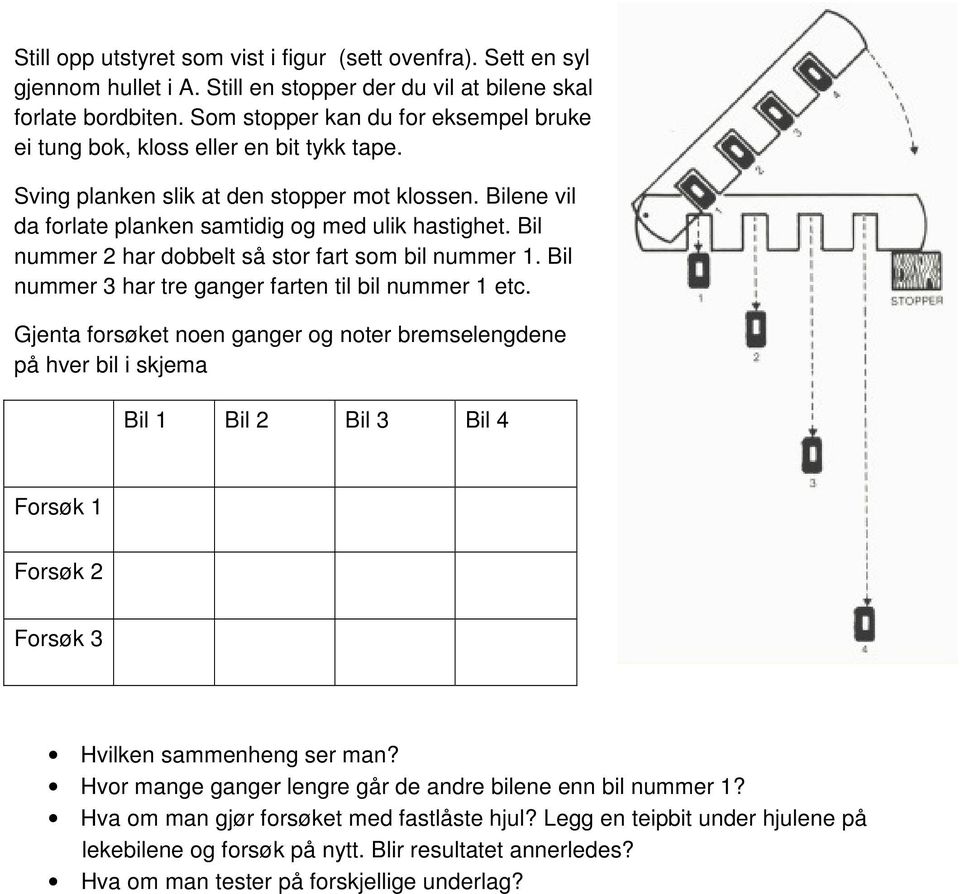 Bil nummer 2 har dobbelt så stor fart som bil nummer 1. Bil nummer 3 har tre ganger farten til bil nummer 1 etc.