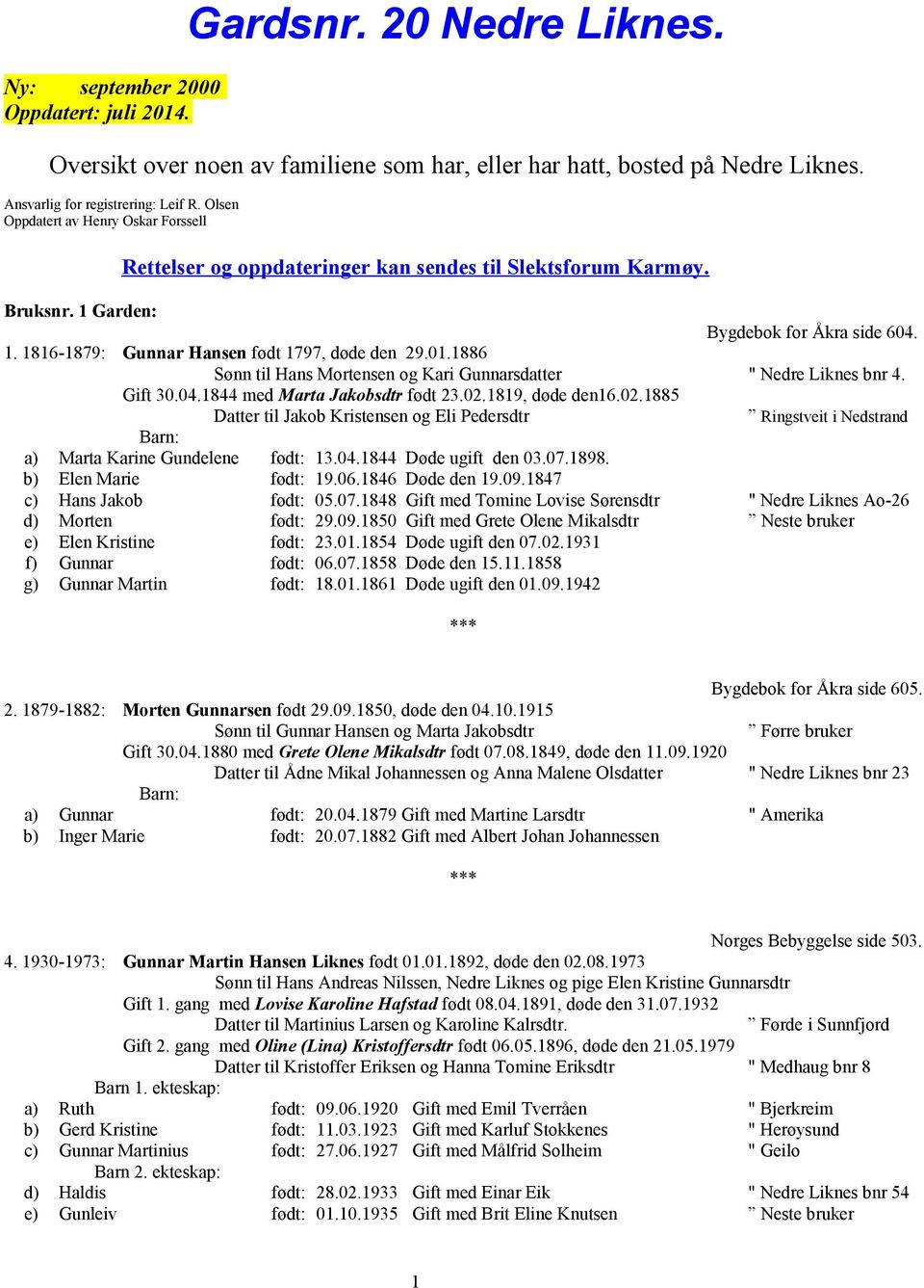 01.1886 Sønn til Hans Mortensen og Kari Gunnarsdatter " Nedre Liknes bnr 4. Gift 30.04.1844 med Marta Jakobsdtr født 23.02.