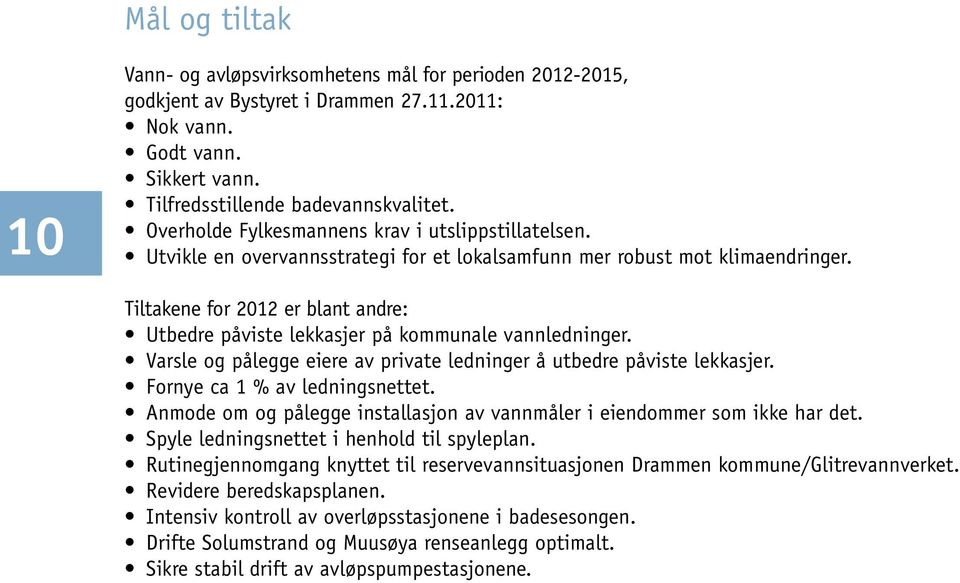 Tiltakene for 2012 er blant andre: Utbedre påviste lekkasjer på kommunale vannledninger. Varsle og pålegge eiere av private ledninger å utbedre påviste lekkasjer. Fornye ca 1 % av ledningsnettet.