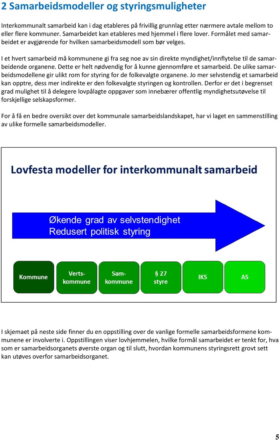 I et hvert samarbeid må kommunene gi fra seg noe av sin direkte myndighet/innflytelse til de samarbeidende organene. Dette er helt nødvendig for å kunne gjennomføre et samarbeid.