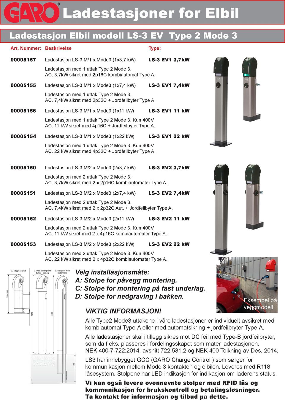 00005155 Ladestasjon LS-3 M/1 x Mode3 (1x7,4 kw) LS-3 EV1 7,4kW Ladestasjon med 1 uttak Type 2 Mode 3. AC. 7,4kW sikret med 2p32C + Jordfeilbyter Type A.