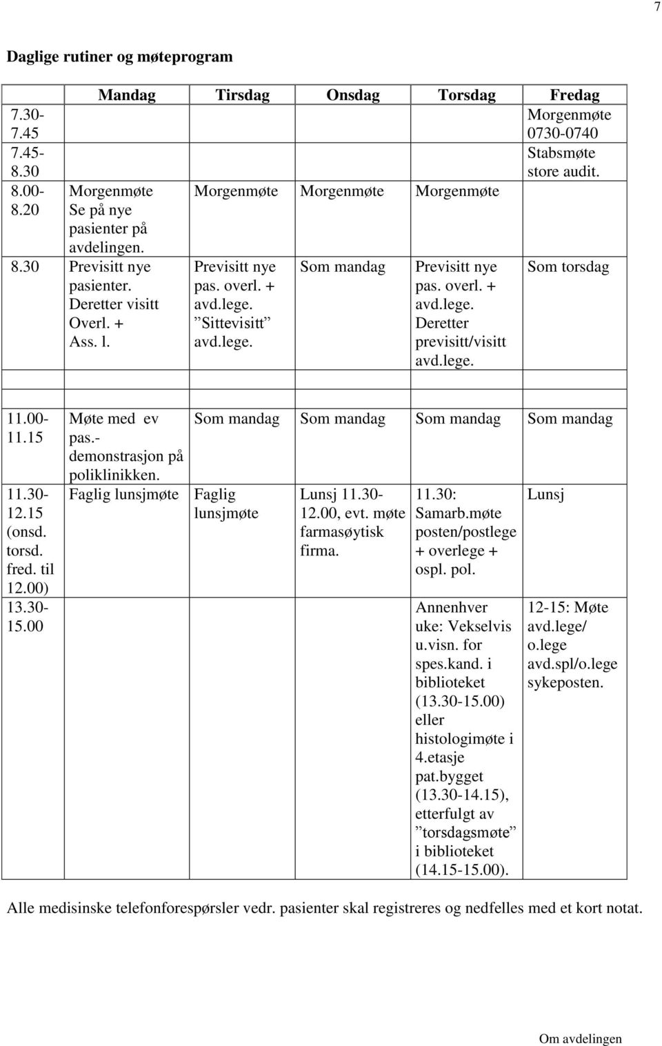 lege. Som mandag Previsitt nye pas. overl. + avd.lege. Deretter previsitt/visitt avd.lege. Som torsdag 11.00-11.15 11.30-12.15 (onsd. torsd. fred. til 12.00) 13.30-15.00 Møte med ev pas.