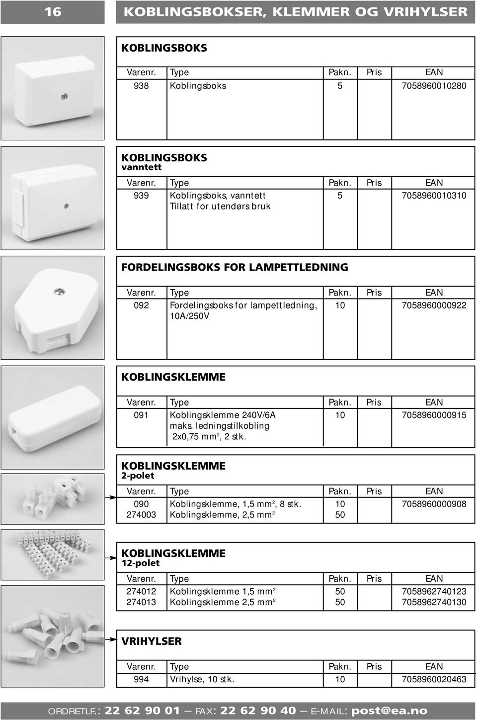 7058960000915 maks. ledningstilkobling 2x0,75 mm 2, 2 stk. KOBLINGSKLEMME 2-polet 090 Koblingsklemme, 1,5 mm 2, 8 stk.