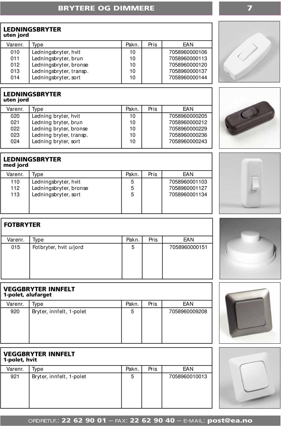 10 7058960000137 014 Ledningsbryter, sort 10 7058960000144 LEDNINGSBRYTER uten jord 020 Ledning bryter, hvit 10 7058960000205 021 Ledning bryter, brun 10 7058960000212 022 Ledning bryter, bronse 10