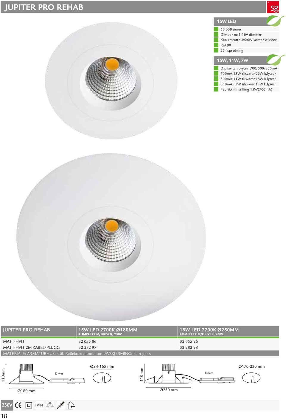 lysrør Fabrikk innstilling 15W(700mA) JUPITER PRO REHAB 15W LED 2700K Ø180MM KOMPLETT M/DRIVER, 15W LED 2700K Ø250MM KOMPLETT M/DRIVER, MATT-HVIT 32