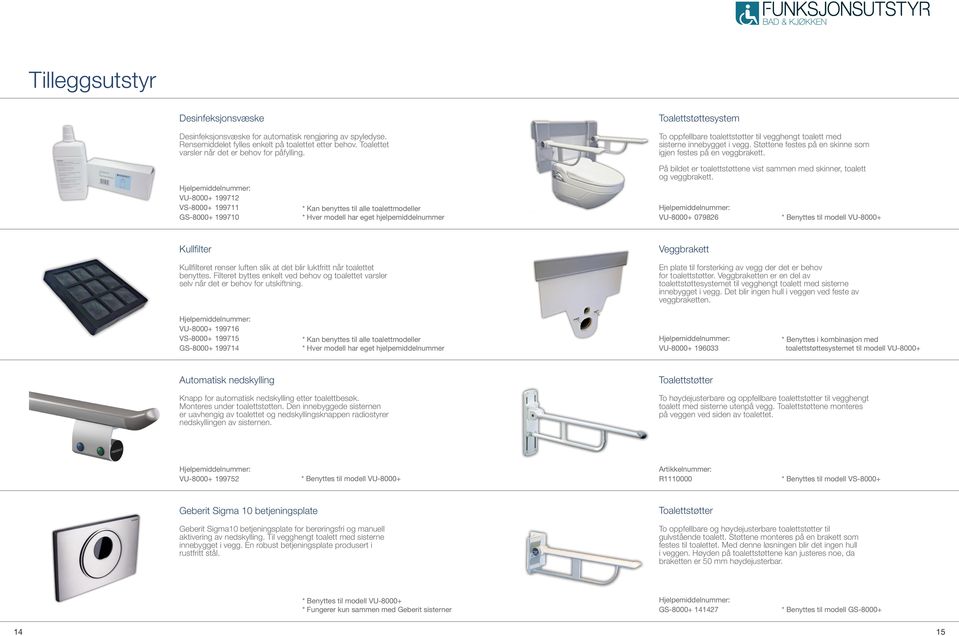 VU-8000+ 199712 VS-8000+ 199711 GS-8000+ 199710 * Kan benyttes til alle toalettmodeller På bildet er toalettstøttene vist sammen med skinner, toalett og veggbrakett.