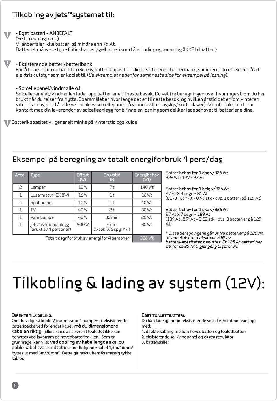 eksisterende batteribank, summerer du effekten på alt elektrisk utstyr som er koblet til. (Se eksemplet nedenfor samt neste side for eksempel på løsning). - Solcellepanel/vindmølle o.l. Solcellepanelet/vindmøllen lader opp batteriene til neste besøk.