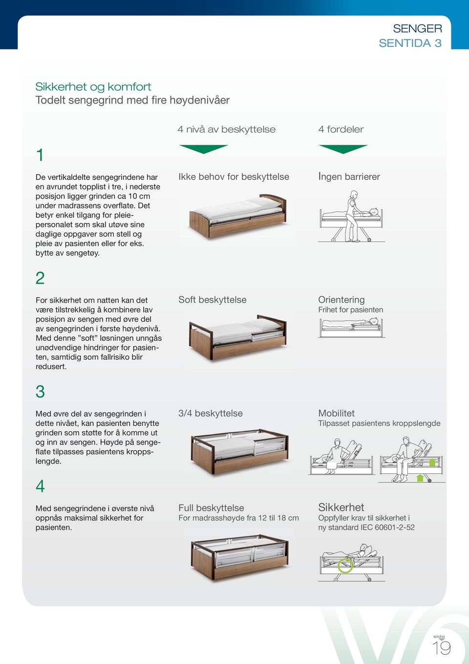 2 For sikkerhet om natten kan det være tilstrekkelig å kombinere lav posisjon av sengen med øvre del av sengegrinden i første høydenivå.