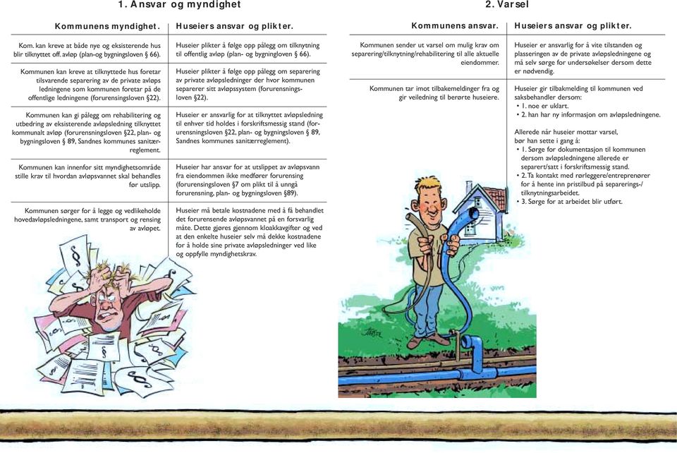 Kommunen kan gi pålegg om rehabilitering og utbedring av eksisterende avløpsledning tilknyttet kommunalt avløp (forurensningsloven 22, plan- og bygningsloven 89, Sandnes kommunes sanitærreglement.