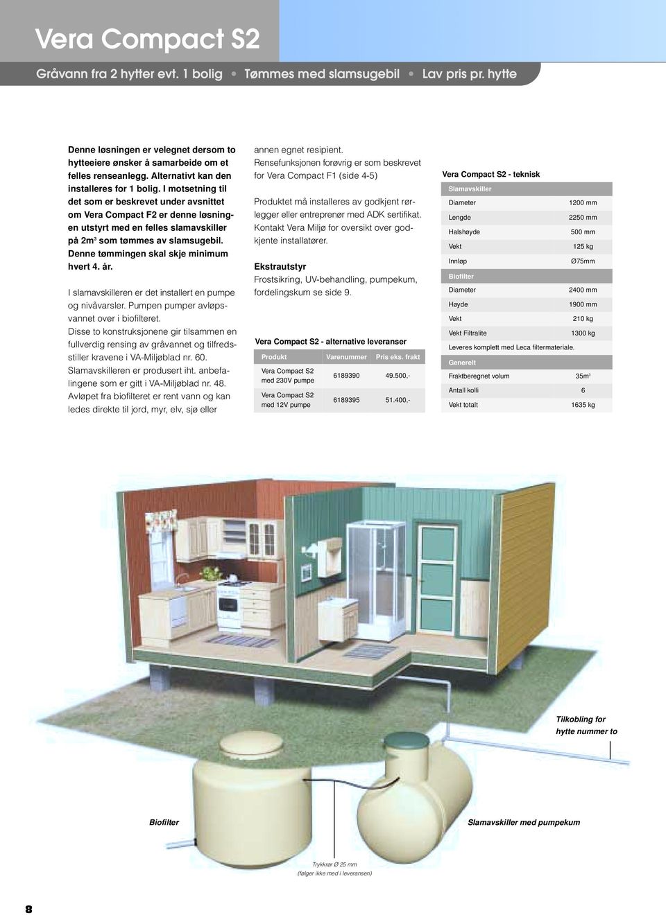 I motsetning til det som er beskrevet under avsnittet om Vera Compact F2 er denne løsningen utstyrt med en felles slamavskiller på 2m 3 som tømmes av slamsugebil.