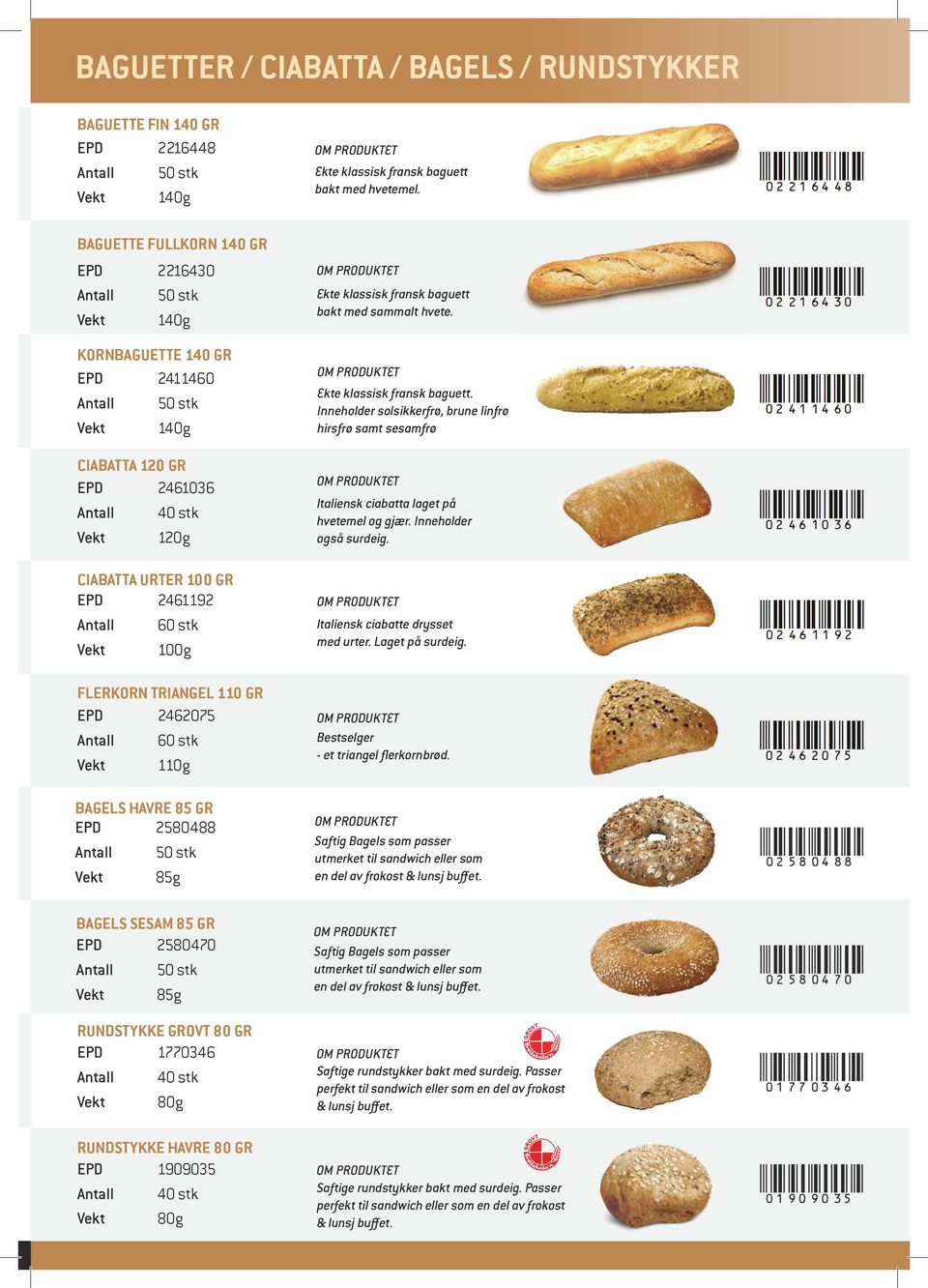 2461192 Antall 60 stk Vekt 100g FLERKORN TRIANGEL 110 GR EPD 2462075 Antall 60 stk Vekt 110g BAGELS HAVRE 85 GR EPD 2580488 Antall 50 stk BAGELS SESAM 85 GR EPD 2580470 Antall 50 stk RUNDSTYKKE GROVT