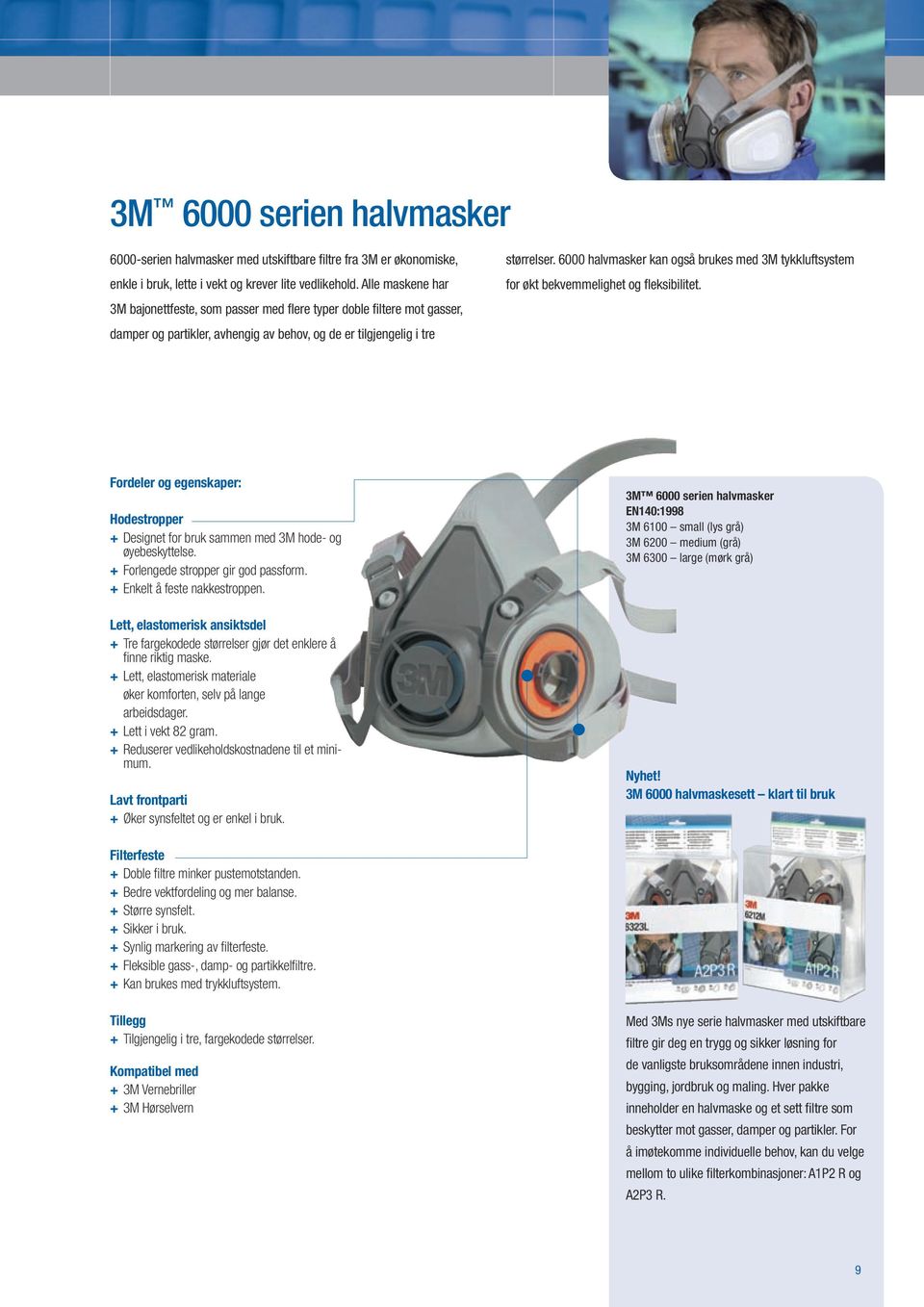 6000 halvmasker kan også brukes med 3M tykkluftsystem for økt bekvemmelighet og fleksibilitet. Fordeler og egenskaper: Hodestropper + Designet for bruk sammen med 3M hode- og øyebeskyttelse.
