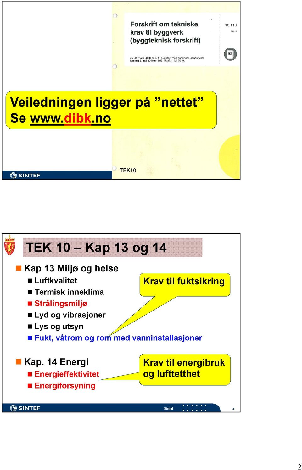 Termisk inneklima Strålingsmiljø Lyd og vibrasjoner Lys og utsyn Fukt, våtrom