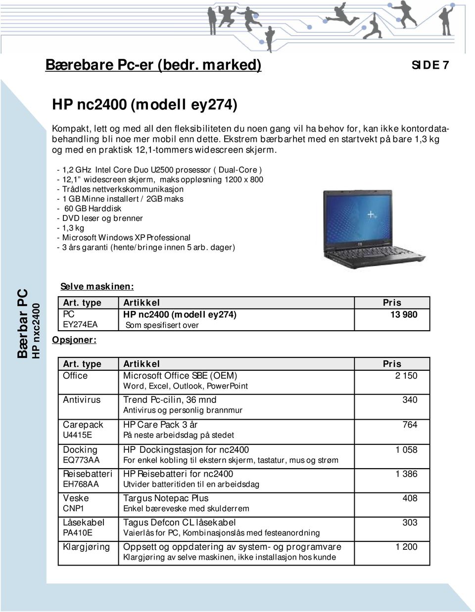 - 1,2 GHz Intel Core Duo U2500 prosessor ( Dual-Core ) - 12,1 widescreen skjerm, maks oppløsning 1200 x 800 - Trådløs nettverkskommunikasjon - 1 GB Minne installert / 2GB maks - 60 GB Harddisk - DVD