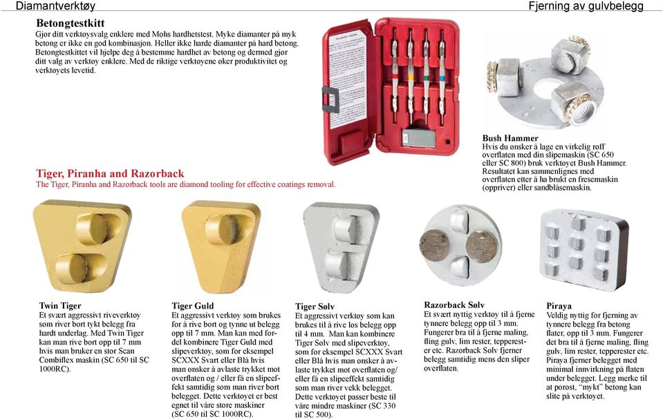 Fjerning av gulvbelegg Tiger, Piranha and Razorback The Tiger, Piranha and Razorback tools are diamond tooling for effective coatings removal.