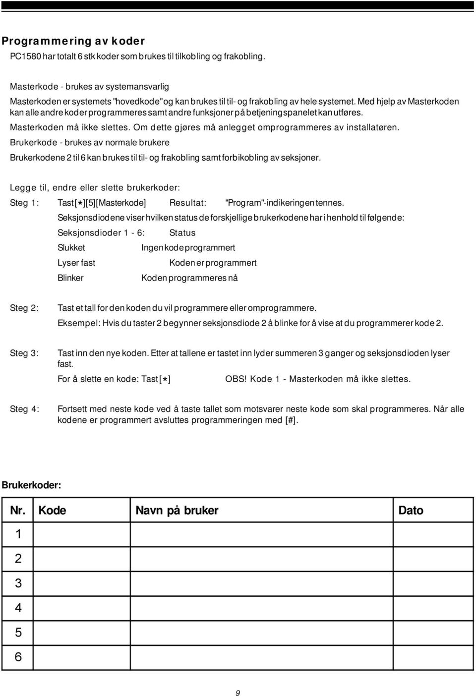 Med hjelp av Masterkoden kan alle andre koder programmeres samt andre funksjoner på betjeningspanelet kan utføres. Masterkoden må ikke slettes.