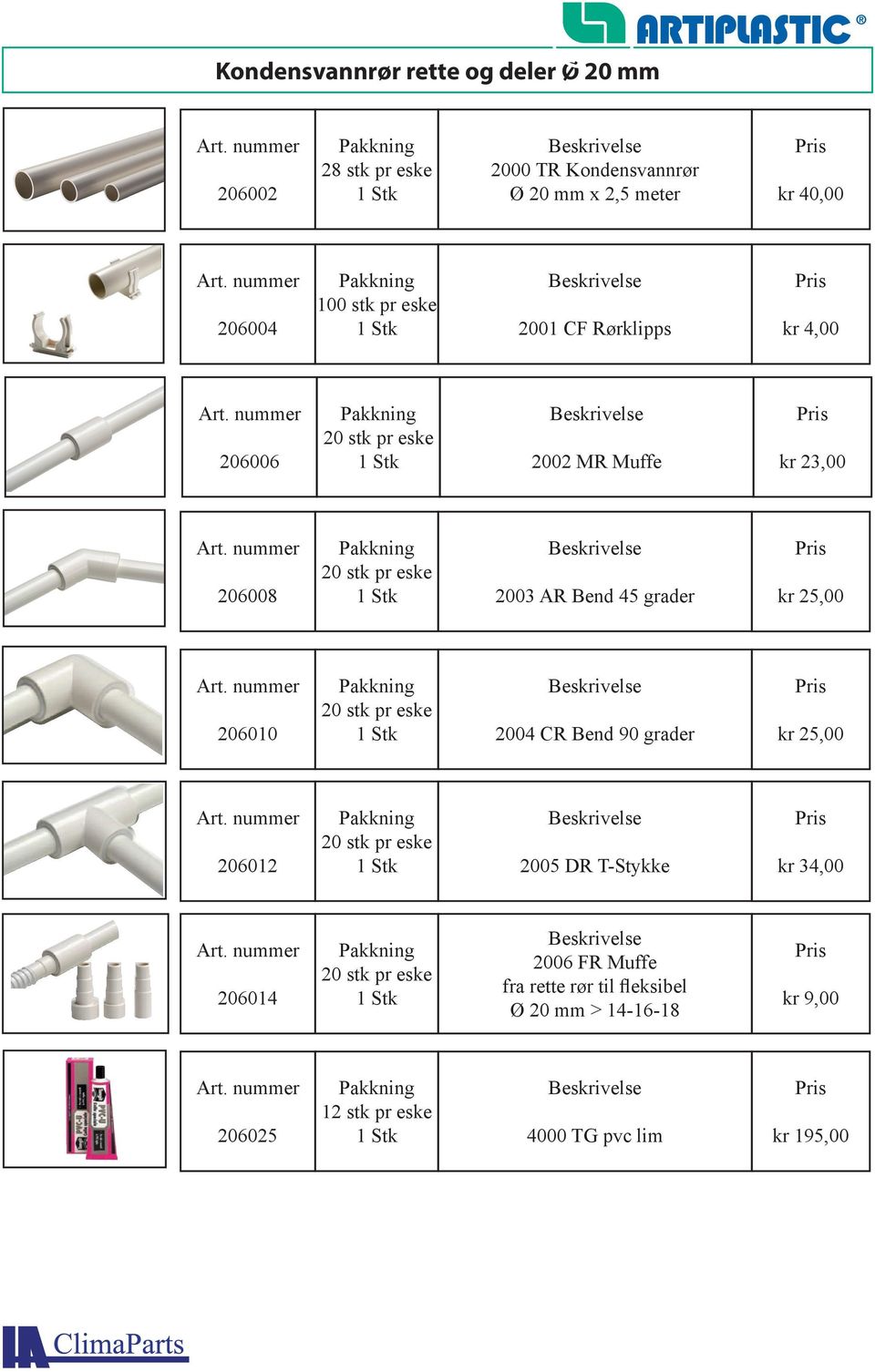 grader kr 25,00 206010 20 stk pr eske 2004 CR Bend 90 grader kr 25,00 206012 20 stk pr eske 2005 DR T-Stykke kr 34,00 206014