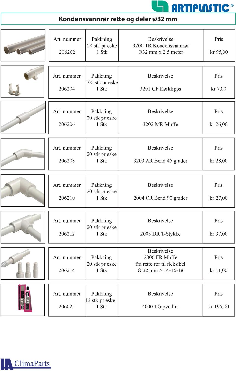 kr 28,00 206210 20 stk pr eske 2004 CR Bend 90 grader kr 27,00 206212 20 stk pr eske 2005 DR T-Stykke kr 37,00 206214 20 stk